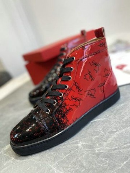 Christian Louboutin Louis Flat Degraloubi High-top Men Sneaker Patent Leather Black Red
