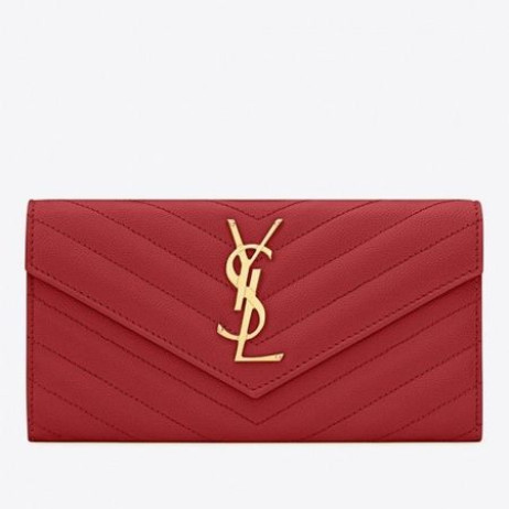 Saint Laurent Large Monogram Flap Wallet Red Grained Leather
