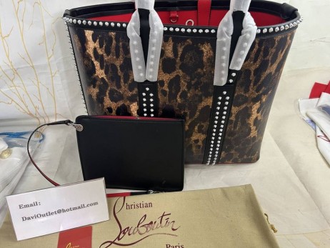 Christian Louboutin Cabata Tote Bag with Spikes Calf Leather Leopard