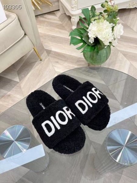 Dior Slides Embroidered Cotton Black Shearling
