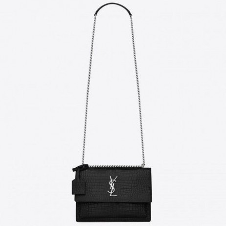 Saint Laurent Sunset Medium Bag Black Crocodile Embossed Leather