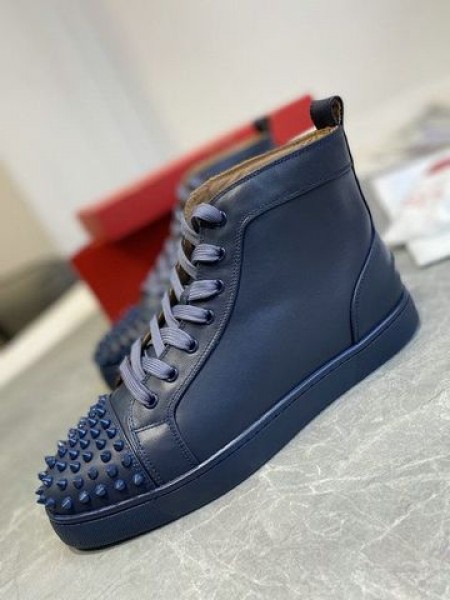 Christian Louboutin Louis Spikes High-top Sneakers Calf Leather Navy Blue