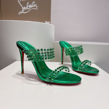 Christian Louboutin Spike Only 105mm PVC and Iridescent Leather Sandals Green CL Shoes