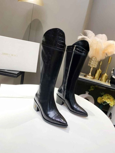 Jimmy Choo Knee Boot 50mm JC Emblem Crocodile Black