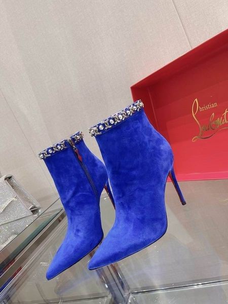 Christian Louboutin Chain Booty Ankle Boots 100mm Velvet Blue Christian Louboutin Shoes