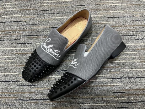 Christian Louboutin Navy Spooky Loafers Fabric and Calf Leather Black Gray