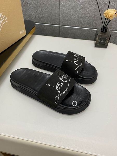 Christian Louboutin Pool Fun Slide Sandals Strass Crocodile Embossed Rubber Black