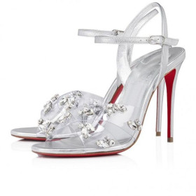 Christian Louboutin Degrasandal Queen 100mm Sandals Pvc Iridecent Nappa Leather Silver CL Shoes Store