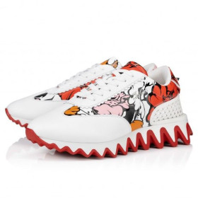 Christian Louboutin Loubishark Men Sneakers Calf Leather Shun Sudo Flower Print White