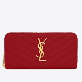 Saint Laurent Monogram Zip Around Wallet Red Grained Leather