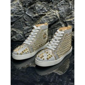 Christian Louboutin Mixkeoshell Flat High-top Sneakers Spikes and Strass Silver Gold