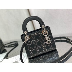 Dior Lady Dior Bag 17CM Crystal Embellished Cannage Satin Black