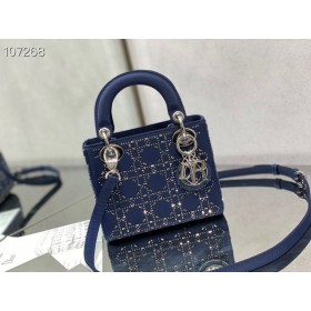 Dior Lady Dior Bag 17CM Crystal Embellished Cannage Satin Blue