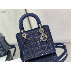 Dior Lady Dior Bag 24CM Crystal Embellished Cannage Satin Blue
