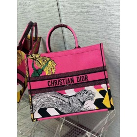 Dior Medium Book Tote Bag D-Jungle Pop Embroidery Pink