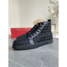 Christian Louboutin Lou Spikes 2 High Top Sneakers Calf Leather Monogram-jacquard Black