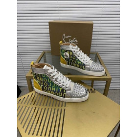 Christian Louboutin Louis Spike High-top Sneakers Suede and Mesh-Trimmed Glittered Logo-Print Canvas