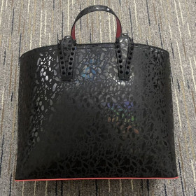 Christian Louboutin Cabata East West Tote Bag Patent Calfskin Leopard Print Spikes Black