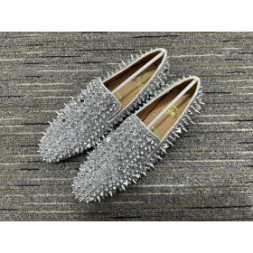 Christian Louboutin Dandy Pik Pik Flat Loafers Spikes Glitter Leather Silver