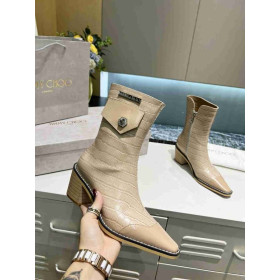 Jimmy Choo 50mm Ankle Booties Crocodile Embossed Leather Logo Beige
