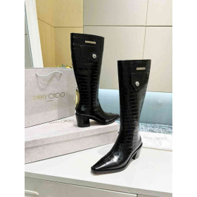 Jimmy Choo 50mm Knee Booties Crocodile Embossed Leather Logo Black