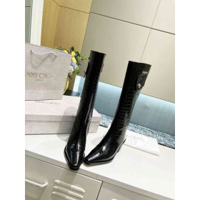 Jimmy Choo 50mm Knee Booties Crocodile Embossed Leather Logo Black