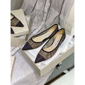 Jimmy Choo Love Glitter Fabric Flats Tulle Overlay Black
