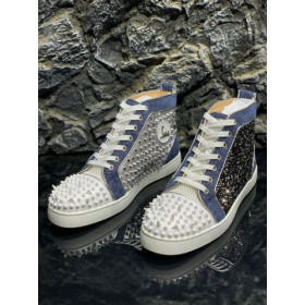 Christian Louboutin Lou Pik Pik High-top Sneakers Denim and Strass Blue White
