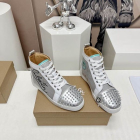 Christian Louboutin Lou Spikes High-top Sneakers Leather and Fabric Silver