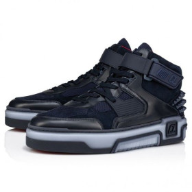 Christian Louboutin Astroloubi Mid High-Top Sneakers Calf Leather Suede And Rubber Navy CL Shoes