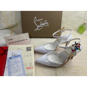 Christian Louboutin Goldina Rain 100mm Pumps Crystal Buckle Embellished Patent White