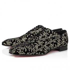 Christian Louboutin Greggy Chick Oxfords Velvet Royal Embroidery Black CL Shoes