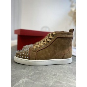 Christian Louboutin Lou Spikes High-top Sneakers Suede Brown CL Shoes