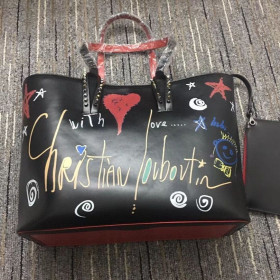 Christian Louboutin East West Cabata Tote Bag Calfskin Loubitag Spikes Black