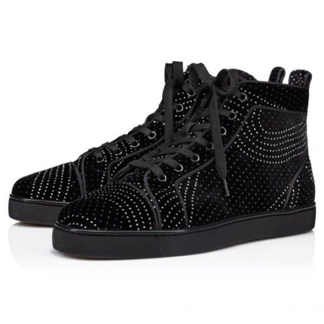 Christian Louboutin Louis De Alta-Top Tênis De Veludo Rio De Couro De Bezerro Preto Sapatos Christian Louboutin