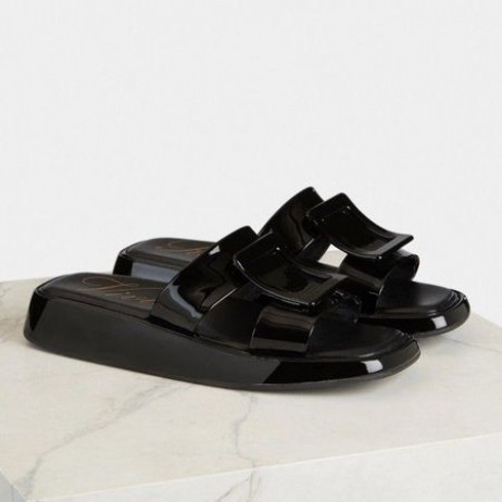 Roger Vivier Vivier Slide Coberto Fivela De Mulas Preto De Couro Envernizado