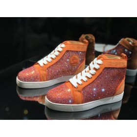 Christian Louboutin Louis Strass de Alta-Top Tênis Veau Velous e Strass Laranja Branco