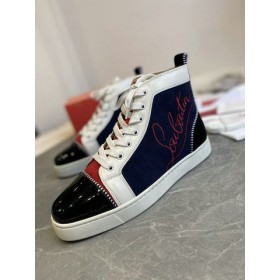 Christian Louboutin Louis Televisão De Alta-Top Tênis De Patente De Couro Camurça Azul Preto