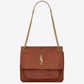 Saint Laurent Médio Niki Cadeia De Saco Marrom De Couro Plissado