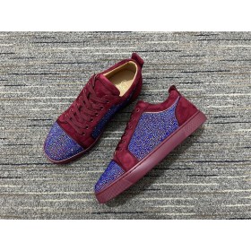 Christian Louboutin Louis Junior Strass Tênis De Camurça De Couro Burgundy Azul