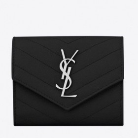 Saint Laurent Compacto Tri Fold Carteira Noir De Couro Saint Laurent Carteiras