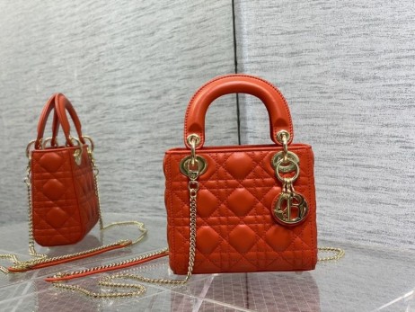 Dior 17CM Lady Dior Táska, Narancs Cannage Báránybőr