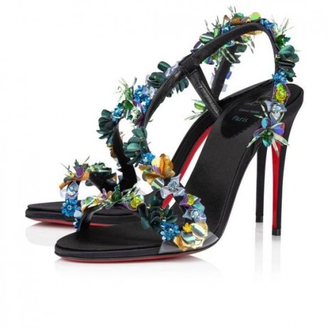 Christian Louboutin Rosalie Tropica 100 Mm-Es Szandál Hímzett Krepp Szatén Pvc-S, Bőr, Fekete