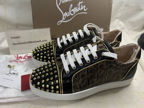 Christian Louboutin Louis Junior Spikes Sneakers CL Jacquard Calf Leather Multi