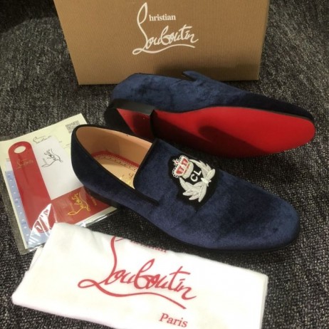 Christian Louboutin Crest Ar An Níle Loafers Veau Velours Gorm Críostaí Louboutin Bróga
