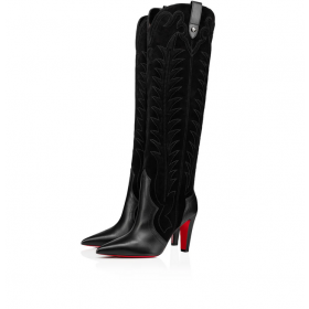 Christian Louboutin Santia Botta 85 mm Leathar Agus Veau Velours Bróidnéireacht Dubh
