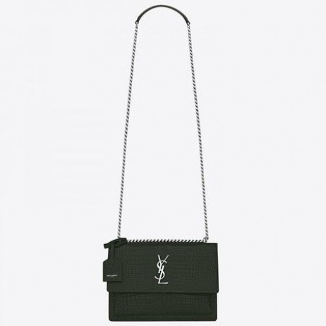 Saint Laurent Tramonto Medio Di Borsa Verde Di Coccodrillo Goffrato Pelle