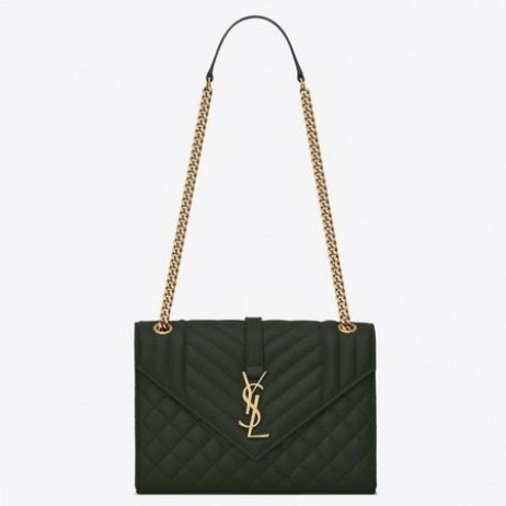 Saint Laurent Media Busta Borsa Verde Scuro In Pelle A Grana Saint Laurent Borse