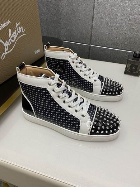 Christian Louboutin Lou Picchi Orlato di Alta-top Sneakers in Canvas E Pelle, Nero, Bianco, Navy