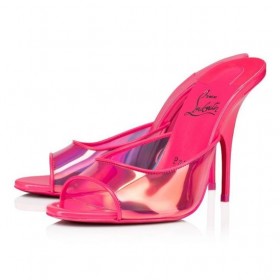 Christian Louboutin Solo Arco Muli 100mm di Brevetto in Pelle e PVC Fluo Rosa